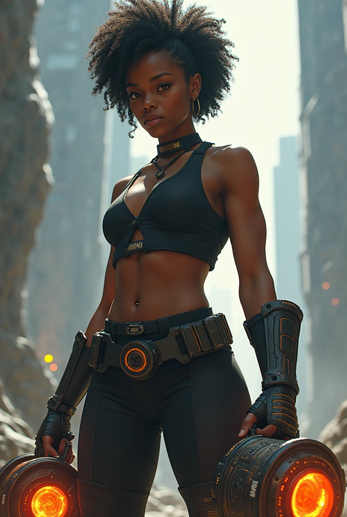 A fierce and determined woman, clad in combat gear, stands boldly in the midst of a chaotic battlefield, championing for the rights of humanity. Her ebony skin is glistening with sweat, showcasing every curve and muscle, as she wields a sword with unwavering resolve. Her afro hair is wild and untamed, framing her strong, angular face. Her fiery green eyes burn with passion and intensity, reflecting her unwavering commitment to justice. Lingering shadows add depth to the scene, accentuating the contrast between light and darkness as she continues to fight relentlessly for a brighter future.