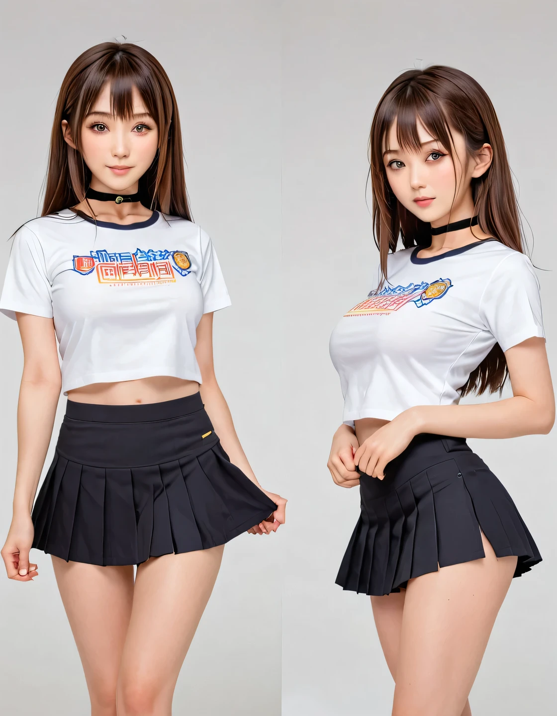 ((live-action, photograph)),  RPG style character status screen with young female name [number.003Mirei♀18]Displayed prominently at the top of the screen. The interface is designed in RPG game style, Three Views, Front View, Rear and side view, Simple Background, The screen displays seven main abilities:: fine (Physical Strength), Intellectual (Intellection), Charisma (charm), Alert (speed), Grace (grace), charm (Sex Appeal), と幸luck (luck). Each ability is represented by a horizontal bar., Filled to indicate the current level, and ranks S to E. In addition, the special skills Mimicry (Mimicry) とabsorption (absorption) appears with an icon and description, Best Quality, photograph, Live Action, Standing girl,Big Breasts, Slim face, The body is slim, bangs, Brown Hair, Straight Hair, Natural Makeup, Almond Eye, Black choker, Looking into the camera, Japanese idol faces, ((T-Shirts, mini skirt, Uniform, Summer clothes)), Happy expression, (((anime:-2)))