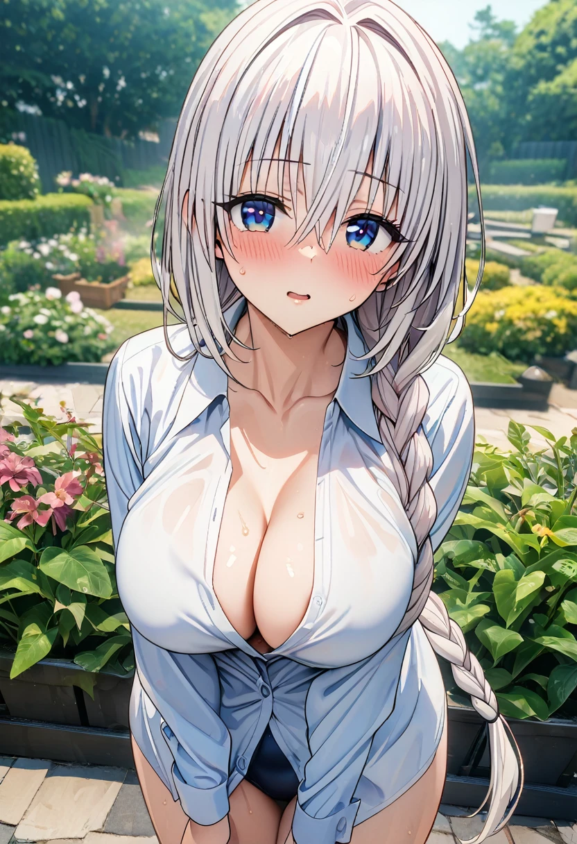 ((masterpiece,Best Quality,8k,Ultra-high resolution)),  1 person　、Adult women in their 20s　,  Momo Juvenile Deviluke,                                     Browse your audience　、　Embarrassing　,     Glare     、      White Hair　　、　Braided Ponytail　, Long Hair　　 、　Blue eyes　、　The body is slim　,   Big Breasts　　、　Buttoned shirt　　、　Black competitive swimsuit　、　garden