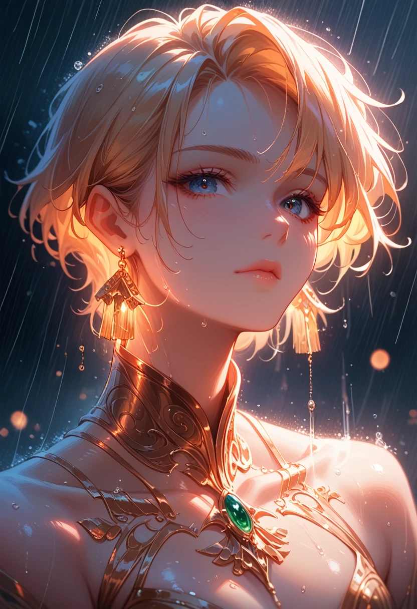 gold tattoos with a girl in rain with golden earrings, in the style of vray tracing, martin ansin, yuumei, poured, close up, dark white and gold, speedpainting, masterpiece, best quality,core_9, score_8_up, score_7_up, core_9, score_8_up, score_7_up, dramatic lighting, highly detailed, high budget, bokeh, cinemascope, moody, epic, gorgeous, film grain, grainy, masterpiece, best quality, perfect anatomy, very aesthetic, official art, 8k,