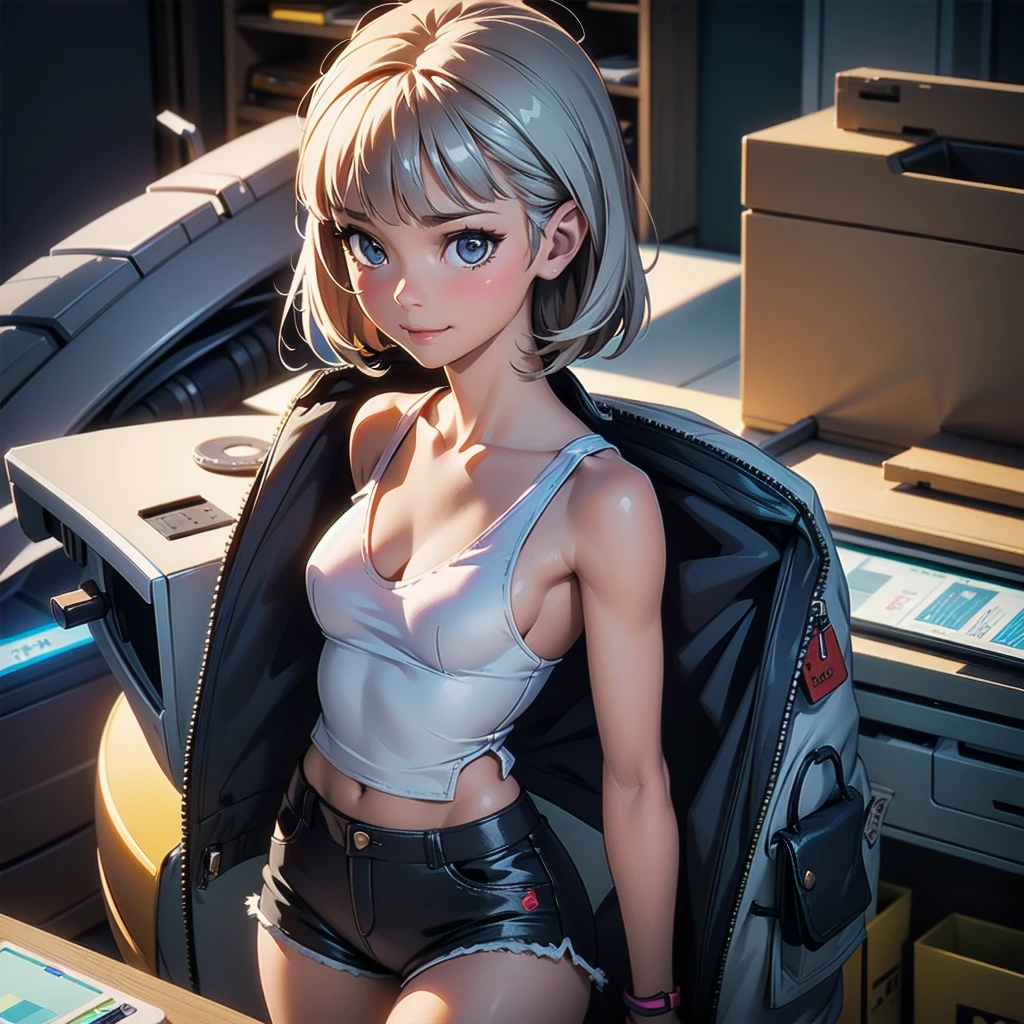 realistic, detailed, realistic details, intricate detail, break, one girl, cute, petite, , , hot and sexy, wearing a sexy, sci-fi short top, shorts, she has a repair box to repair anything, determine look on her face, slight smile.