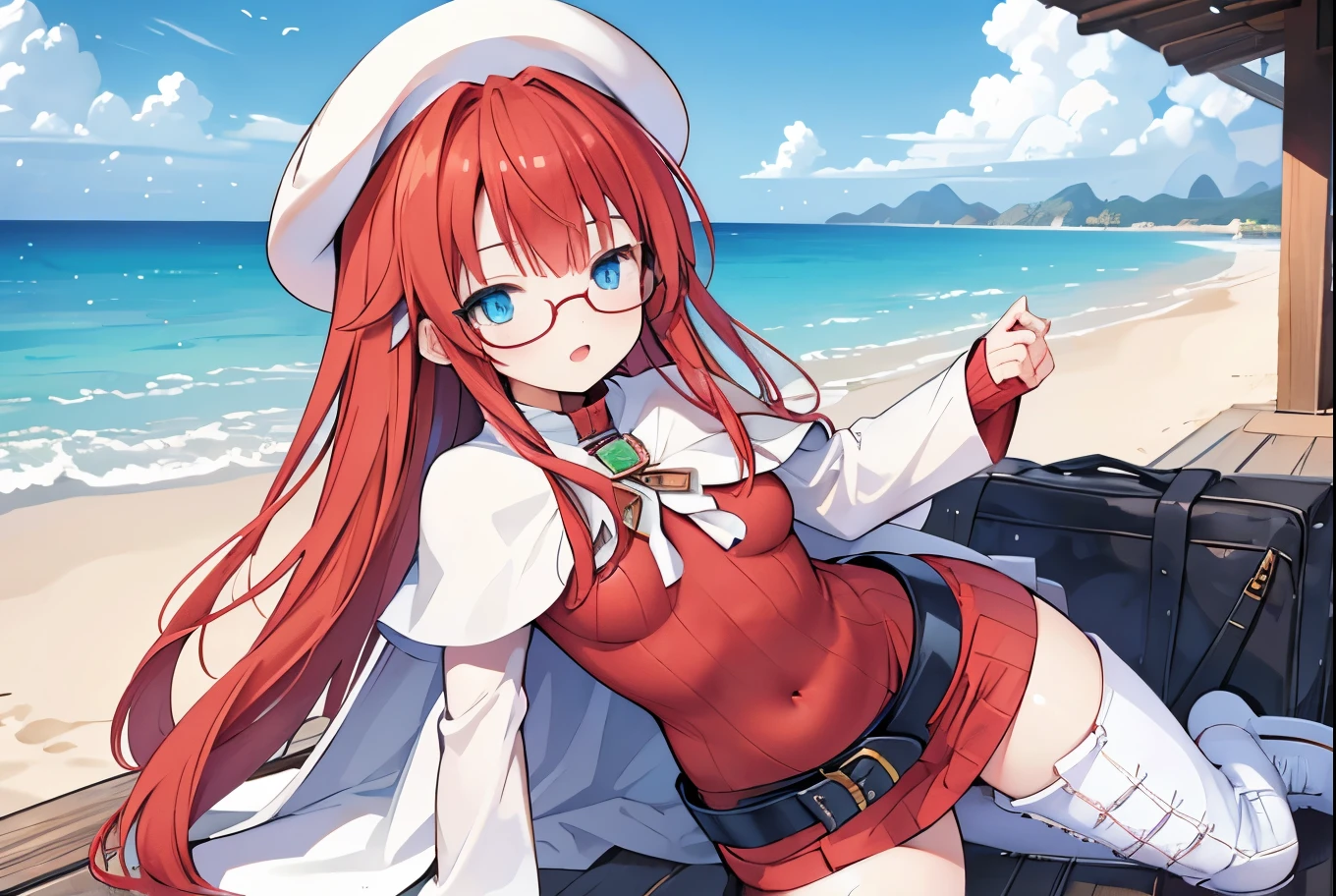 summonnightaty, aty, (young:1.3),long hair, blue eyes, red hair, big_tits, hat, glasses,
BREAK long hair, thighhighs, hat, dress, naked_legs, glasses, belt, cape, sweater, zettai ryouiki, beret, thigh boots, white footwear, ribbed sweater, loose belt,solo,
BREAK outdoors, fantasy,on_beach,
,Highquality_hads,perfect_fingers,
BREAK (masterpiece:1.2), best quality, high resolution, unity 8k wallpaper, (illustration:0.8), (beautiful detailed eyes:1.6), extremely detailed face, perfect lighting, extremely detailed CG, (perfect hands, perfect anatomy),covered_nipples,covered_navel ,half_eyes,long_sword,sleepy,standing,red_sweater,apart_knees,magical_effect,spread_legs, have_a_book,teacher,rise_knee,Smile,rise_hand,look_down_viewer,spread_arms,sea​_waves,looking_into,blue_sky,sitting,plump,open_mouth