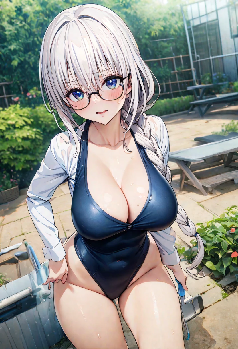 ((masterpiece,Best Quality,8k,Ultra-high resolution)),  1 person　、Adult women in their 20s　,  Momo Juvenile Deviluke,                                     Browse your audience　、　Embarrassing　,     Glare     、      White Hair　　、　Braided Ponytail　, Long Hair　　  、　　Glasses　、　Blue eyes　、　The body is slim　,   Big Breasts　、　Buttoned shirt　　、　Black competitive swimsuit　、　garden