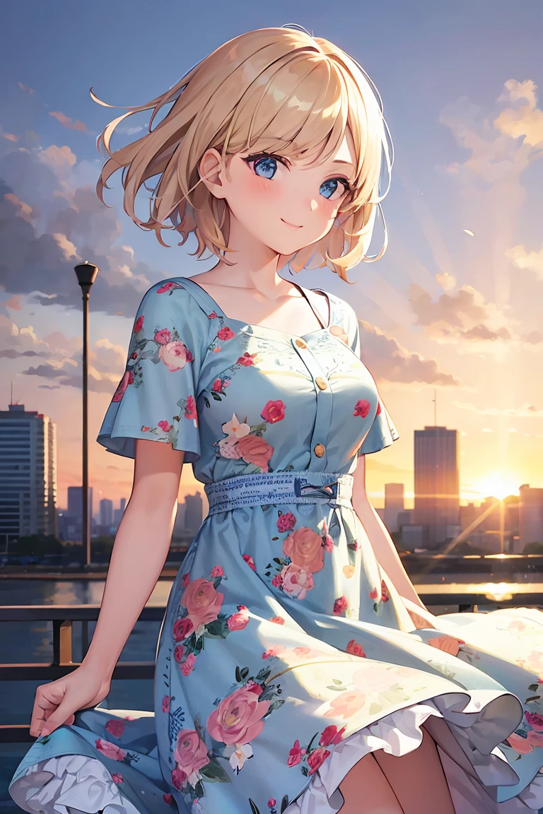 1girl, solo, young, blond hair, short hair, messy hair, blue eyes, smile, vintage floral dress, edgVTD, a woman in a floral dress, wearing edgVTD, half-body, sunset, wind, soviet city