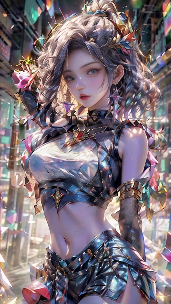 Beautiful girl story wrapped in love, Beautiful eye details, A captivating anime girl gracefully emerges from the pages of a watercolor painting, Her vivid and complex colors are, Bring your artwork to life, (see-through transparent clothes, Transparent costume:1.5), She wears a fantasy see-through costume with a transparent chest adorned with delicate details, Fascinating worldview, Luminescent elements, Glowing crystals surround her like air, casting a soft, otherworldly glow, The style of watercolor painting is、Imbues the image with a sense of fluidity and delicacy, as if the colors are effortlessly blending and bleeding into one another, Camera shot: medium shot, Soft Focus, luminescent glow Lighting, watercolor brushstrokes, Sophisticated and very delicate anime illustration, unique colors, Portrait of an anime girl, Costume with open chest, Irridescent color, beautiful girl illuminated by seven colors of light,