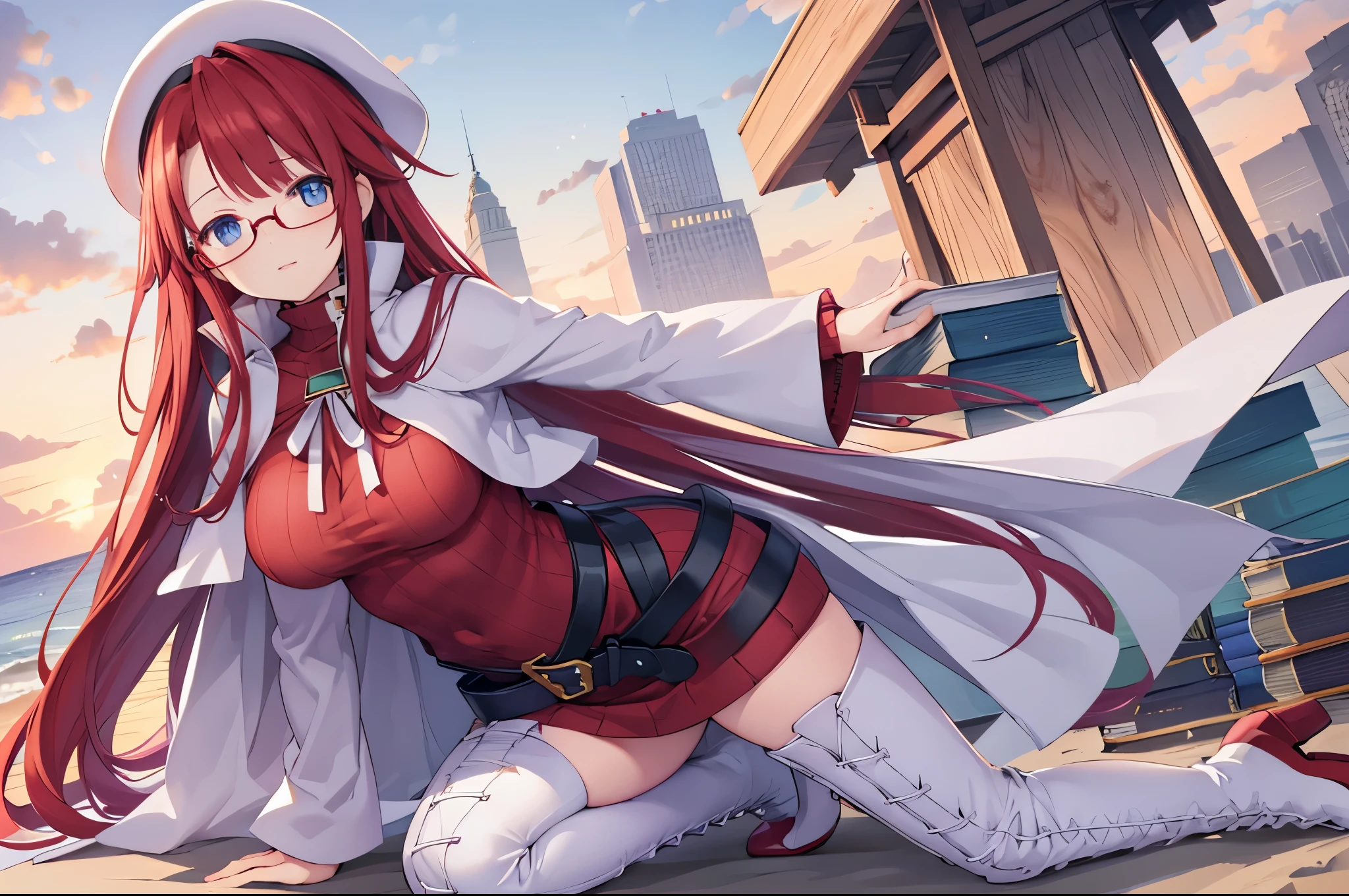 summonnightaty, aty, (young:1.3),long hair, blue eyes, red hair, big_tits, hat, glasses,
BREAK long hair, thighhighs, hat, dress, naked_legs, glasses, belt, cape, sweater, zettai ryouiki, beret, thigh boots, white footwear, ribbed sweater, loose belt,solo,
BREAK outdoors, fantasy,on_beach,
,Highquality_hads,perfect_fingers,
BREAK (masterpiece:1.2), best quality, high resolution, unity 8k wallpaper, (illustration:0.8), (beautiful detailed eyes:1.6), extremely detailed face, perfect lighting, extremely detailed CG, (perfect hands, perfect anatomy),covered_nipples,covered_navel ,half_eyes,long_sword,sleepy,red_sweater,apart_knees,magical_effect,spread_legs, have_a_book,teacher,rise_knee,Smile,rise_hand,look_down_viewer,spread_arms,sea​_waves,looking_into,blue_sky,plump,open_mouth, dynamic_posing