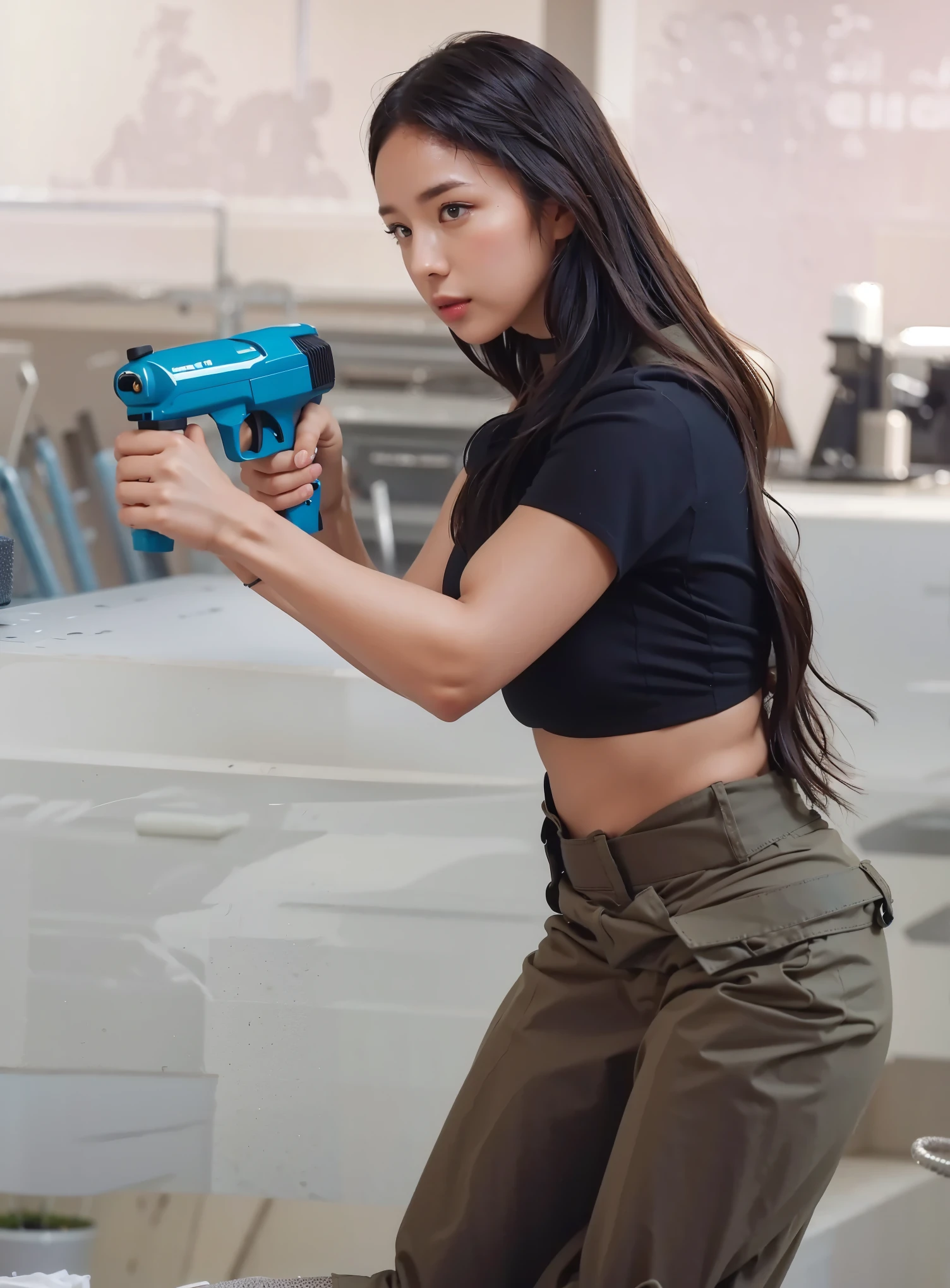 Create an 8k poster of a female wearing croptop with medium breasts, look at a camera, big watergun