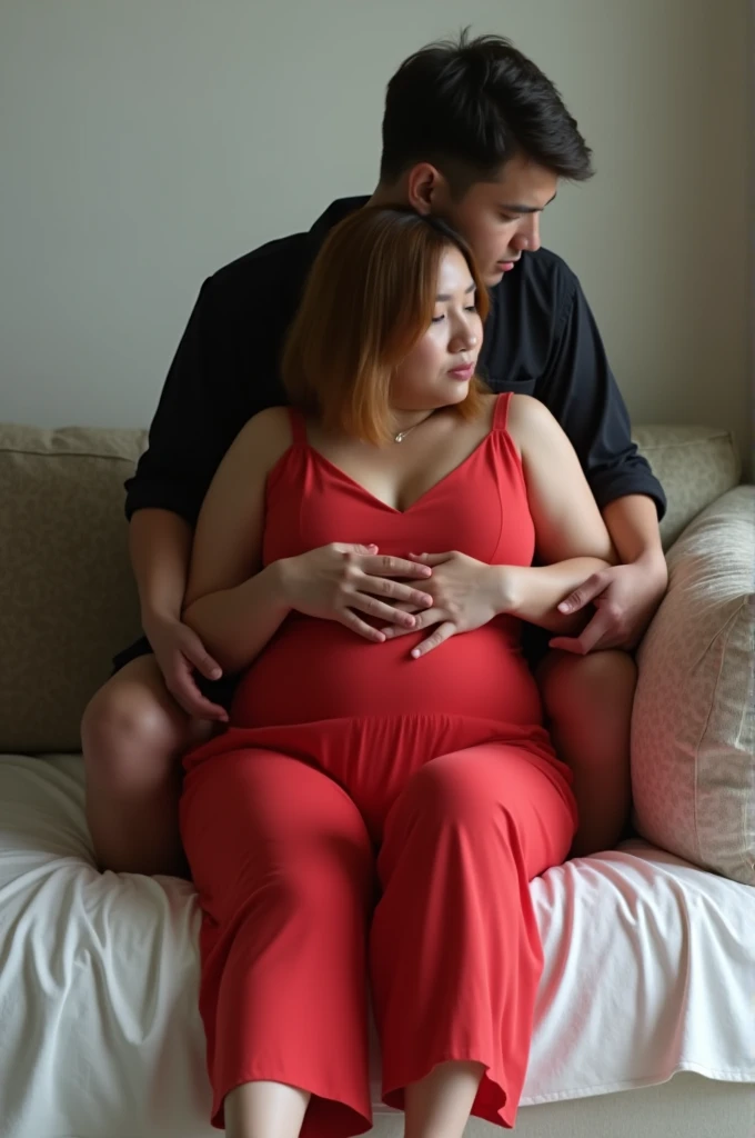 The man in his 45s with black very short hair and smooth face with moustache. The woman in her 45s with brown wavy long hair and pregnant. They are naked and face to face. The man is sitting on the chair. The woman is sitting on the man's legs with her legs spread to the sides. The woman is hugging the man's neck. They are lip to lip. Night. Side view. Dim and dark environment. UHD. HDR. Cinematic.