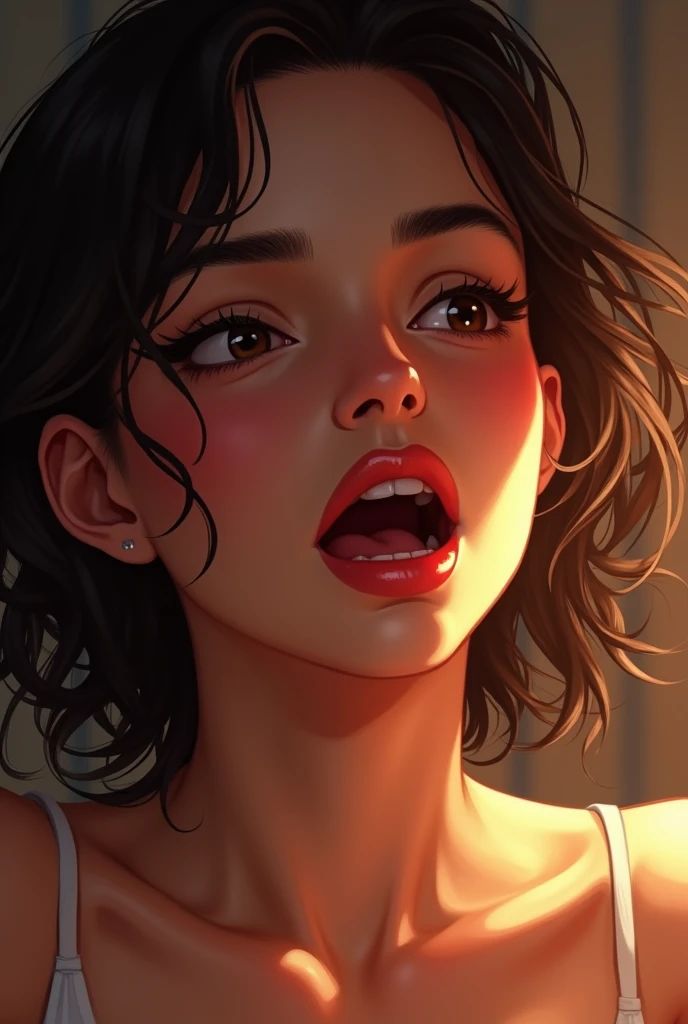 Sexy girl, close-up, open mouth, sexy facial expression, Closed eyes, stuck out her tongue, Beautiful language, 3/4, face sideways, sexy tongue, seductive girl, face in profile