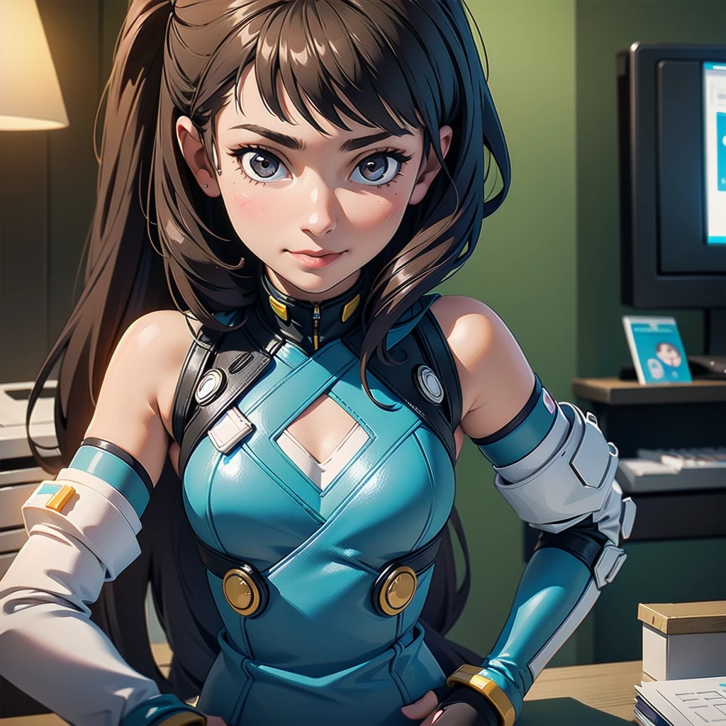 realistic, detailed, realistic details, intricate detail, break, one girl, cute, petite, , , wearing a cool, sexy sci-fi short top, shorts, she has a repair box to repair anything, determine look on her face, slight smile.