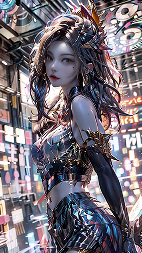 (Magazine Cover:1.3),Urzan-6500, (Realistic: 1.3) (original: 1.2), masterpiece, Highest quality, Beautiful and clean face, whole body, One girl, Glitch Art, (Digital Distortion), Pixelated Fragments, Data Corruption,Colorful Noise, Visual clutter,Modern aesthetics