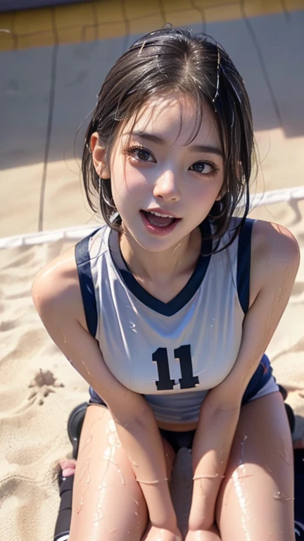 (((Best Quality))), ((masterpiece)), (detailed), ((solo)), (((((((An 1 high school girl wearing a volleyball uniform))))))), ((((((Wet Skin)))))), ((((((White skin)))))), ((((Angle of view that includes face and whole body)))), (((Well-formed face))), ((Big eyes)), ((((((((Droopy eyes)))))))), (((Closer Eyes))), ((Glowing skin)), (((((Correct Anatomy))))), (Spread your legs), (((((Delicate and thin thighs))))), ((((Stylish bangs)))), (Stylish hairstyle), ((((Slender and slim lower body)))), (((((((Open Mouth))))))), (((((((Top view))))))), ((((((Sitting in a slumped position, leaning forward)))))), (((Cheek))), ((((Stick your tongue out)))), (Look this way), Close-up, smile,