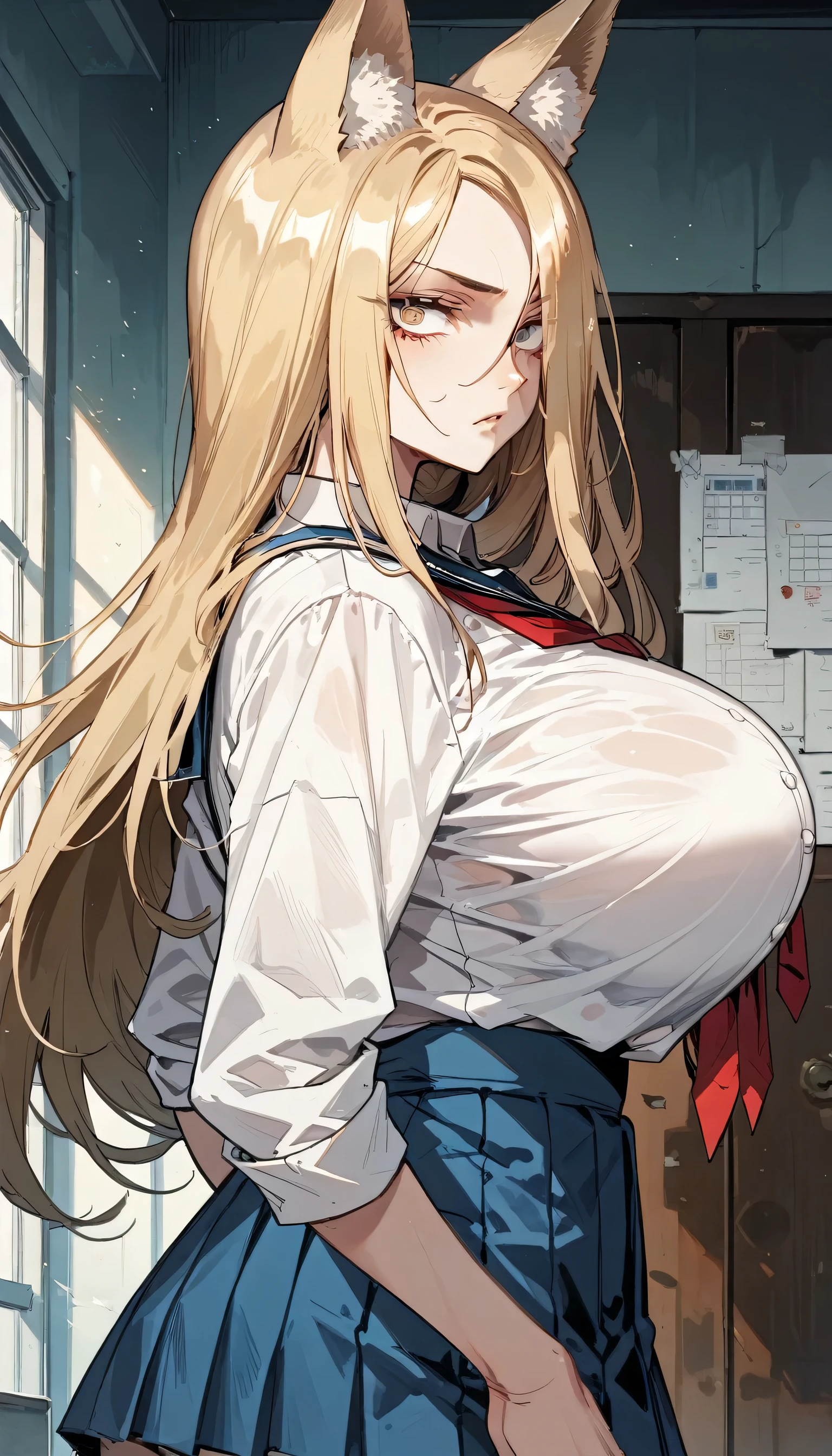 Cold Stare,(Fox Ears),(forehead,long hair over one eye),((side parted hair)),((huge breasts)),((Narrow eyes,Clear Eyes,Perfect Eyes)),Blonde,Long Hair,Old room,Magic School Uniform,Delinquent Girl,gal,mini skirt, clothes are exposed,from behind,back view