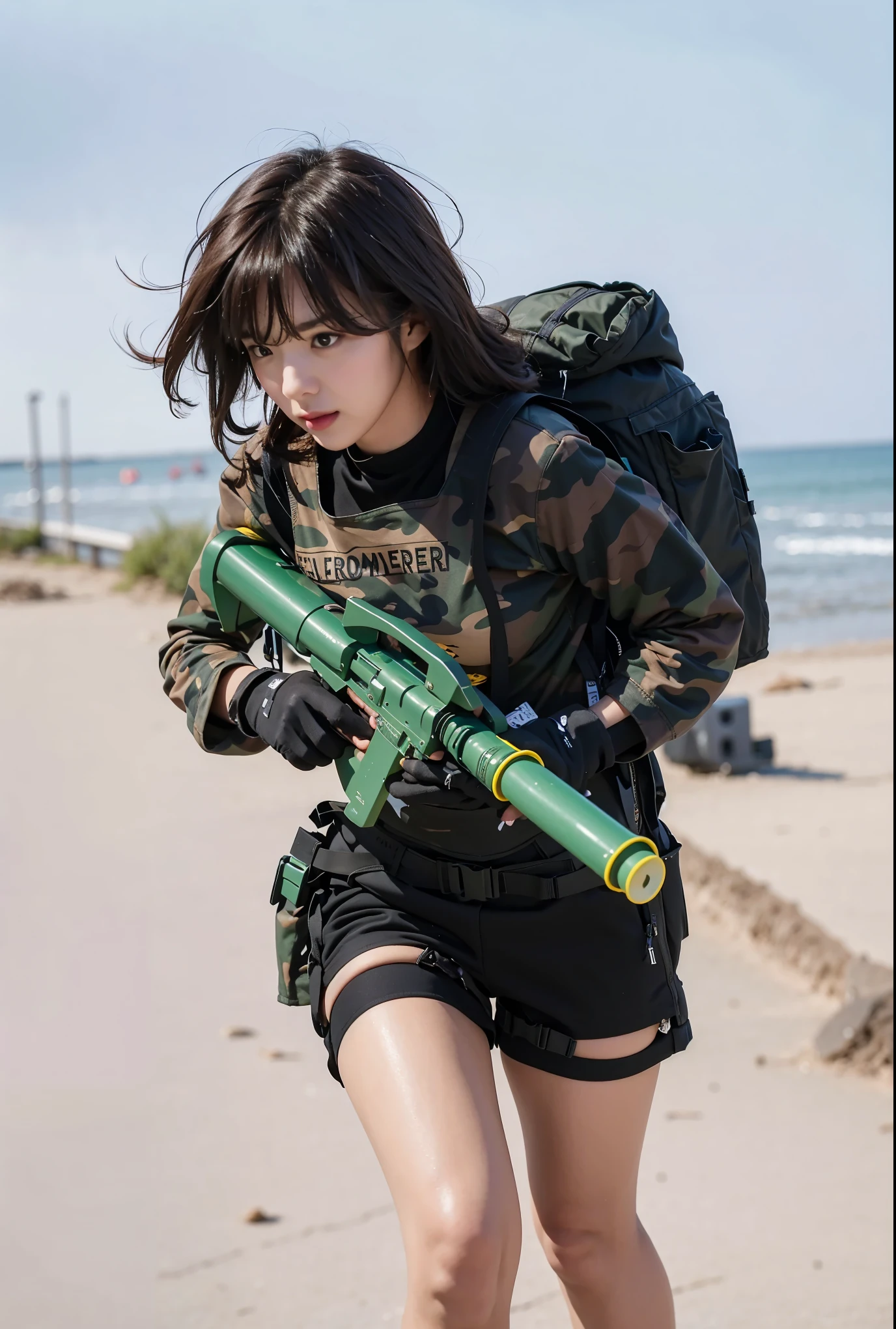 Create an 8k poster of a female wearing croptop with medium breasts, look at a camera, big watergun