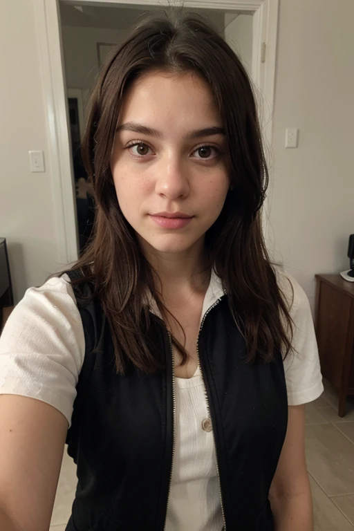 A pretty 17 year old girl with long hair with wavy bangs with a cute and pretty face in a school