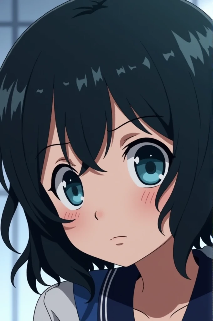 Hestia, anime art style, 1girl, solo, looking_at_viewer, long_hair, blue_eyes, black_hair, upper_body, naked,