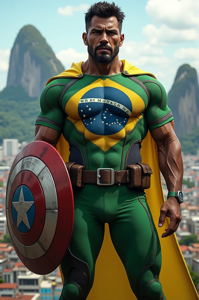 Create an image of a Brazilian superhero wearing a costume inspired by the colors of the Brazilian flag: green, yellow, blue, and white. He has no mask and is shown in a frontal pose, looking confident. He carries a round shield with a design resembling the Brazilian flag symbol. The background features a vibrant urban cityscape.