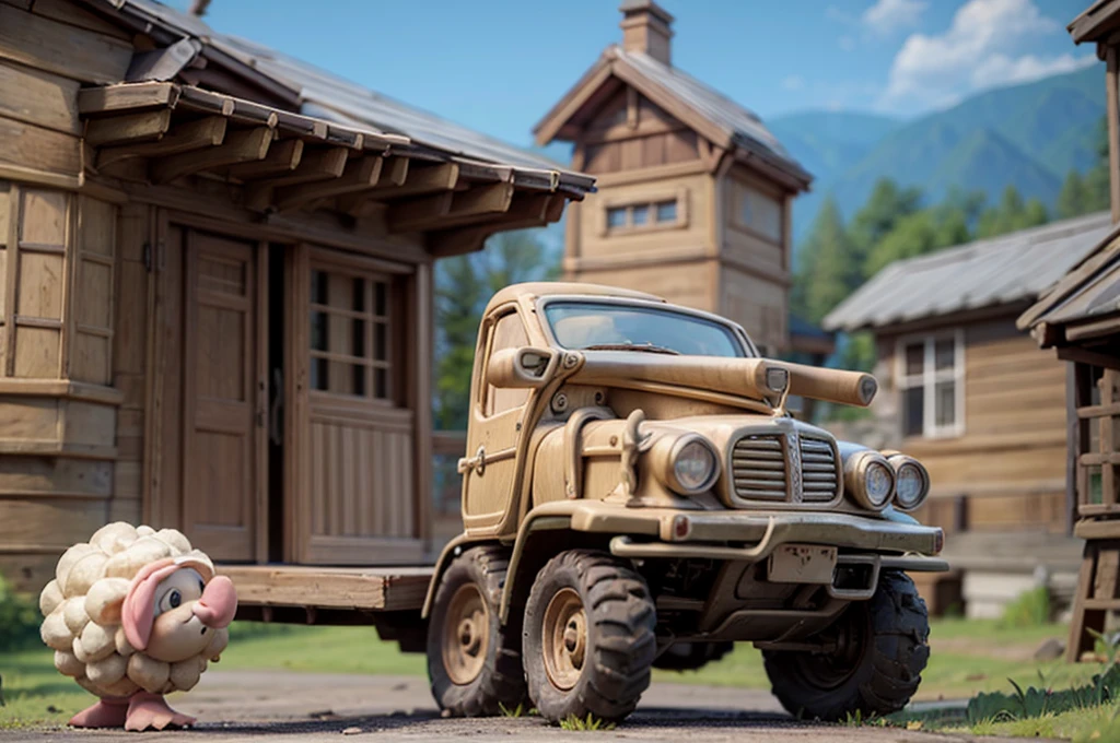 (Clay animation, Masterpiece:1.2, high details:1.2, A warm style, Shaun the Sheep Style, Sheepfold in the background, Tractor:1.3), Made of clay:1.3, (One woman, Pink fluffy hair, Long Hair, Thick eyebrows, smile, Overalls, Boots, 麦laughter帽子), A perfectly shaped sheep:1.5, Lots of sheep, laughter