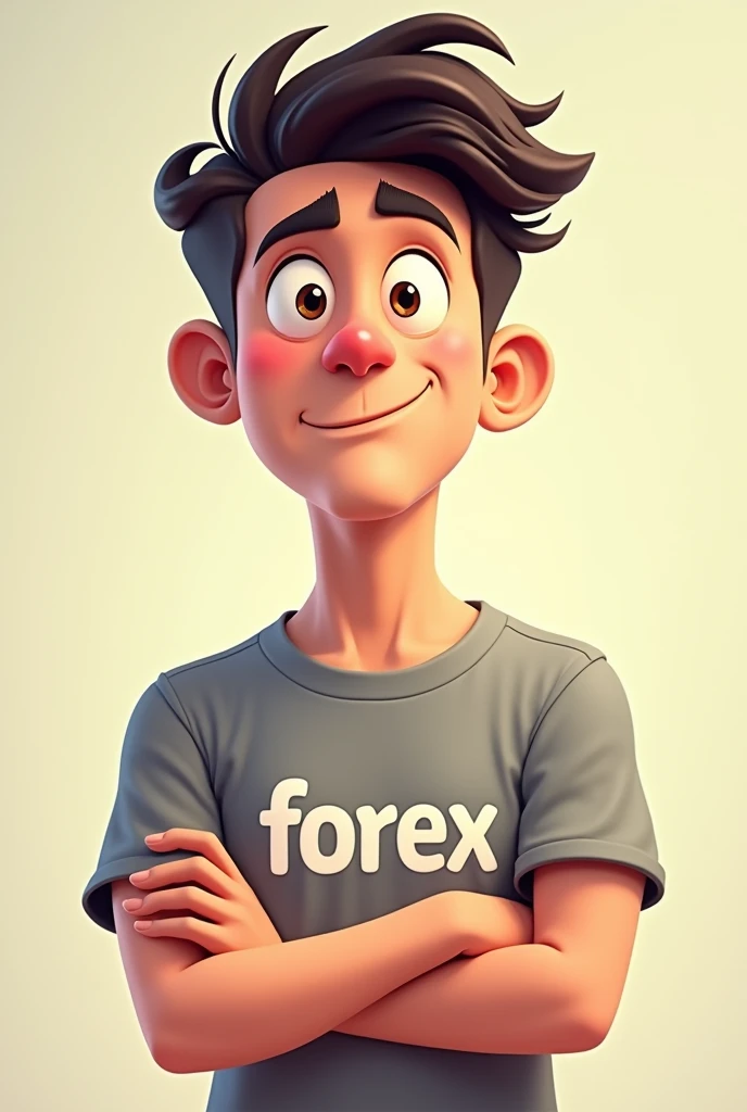 A 30 year old boy carrton is looking at the camera and has Forex written on his t-shirt