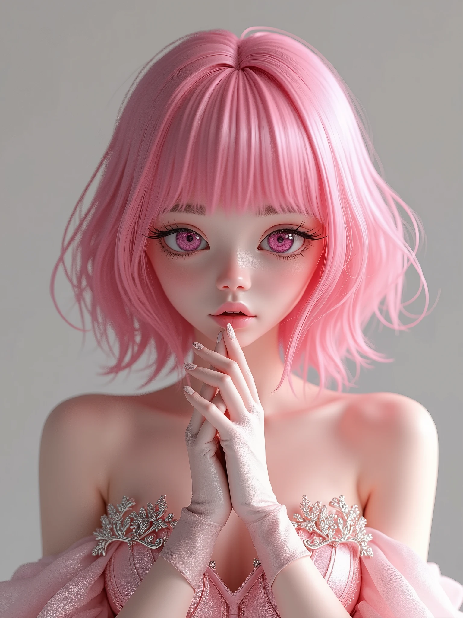 Realistic, super high resolution, best picture quality, masterpiece, high quality, photo, realism, real light and shadow, unified painting style, real person, girl with pink gloves, hand on face, black ball head, beautiful hair, smooth hair, good-looking makeup, delicate face, pearl necklace, fan bandeau suspenders, busts, ???? shoulders, white and flawless skin