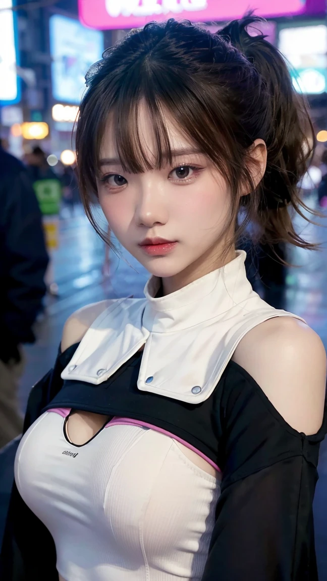 (highest quality、8K、32k、masterpiece、UHD:1.2、perfect body beauty:1.2、Wearing a futuristic hero suit with a dark pink and white shine:1.5、rain、street、Cute 2 Japan woman、big and full breasts:1.5、ponytail、Upper body、front、simple background、looking at the viewer、