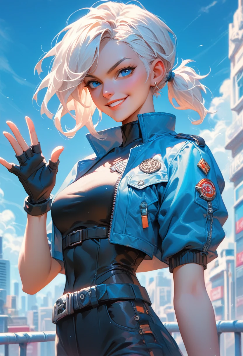 score_9, score_8_up, score_7_up, score_6_up, source_anime, 1girl, solo valJett, white hair, short ponytail, blue jacket, sleeveless, cropped jacket, black bodysuit, belt, black pants, black gloves, fingerless gloves, looking at you, smirk, waving, blue sky, upper body, cityscape, portrait
