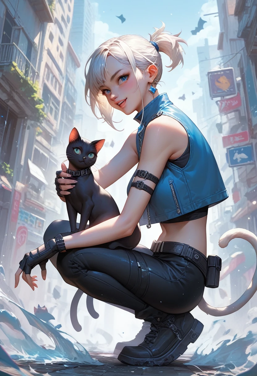 score_9, score_8_up, score_7_up, score_6_up, source_anime, 1girl, solo valJett, white hair, short ponytail, blue jacket, sleeveless, cropped jacket, black bodysuit, belt, black pants, black gloves, fingerless gloves, looking at you, from side, kitten, cat, city, happy, full body
