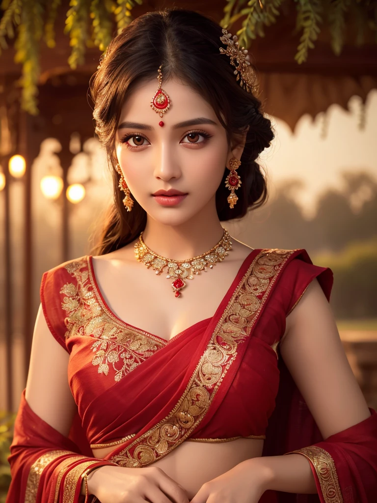 perfect pink eyes, fantastic face, Indian, beautiful look, detailed elegant printed red saree, updo elegant hair, blurred gray tones background, ultra focus, face ilumined, face detailed, 8k resolution, painted, dry brush, brush strokes, razumov style and garmash style, by Tokaito