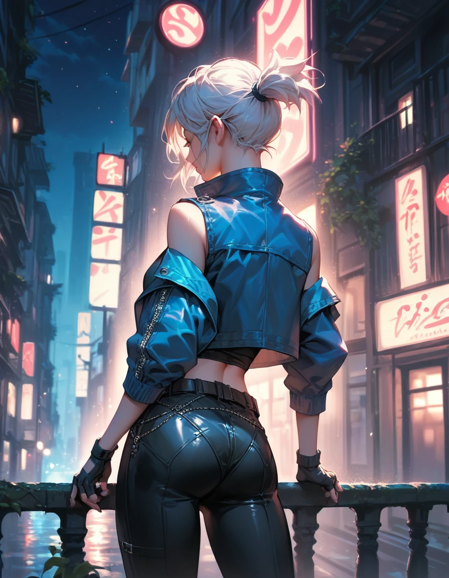 score_9, score_8_up, score_7_up, score_6_up, source_anime, 1girl, solo valJett, white hair, short ponytail, blue jacket, sleeveless, cropped jacket, black bodysuit, belt, black pants, black gloves, fingerless gloves, night, city, neon signs, from behind
