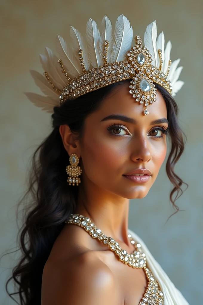 Adult Film Actress Daisy Marie in white dress with feathered headpiece and ear piercing, feather hair ornaments, feather hair, white feathers, girl with feathers, feathered hair, hair jewellery, wearing a feather dress, closeup portrait shot, feather earing, feathered headdress, white gossamer wings, feather-adorned, soft feather, feathery red hair