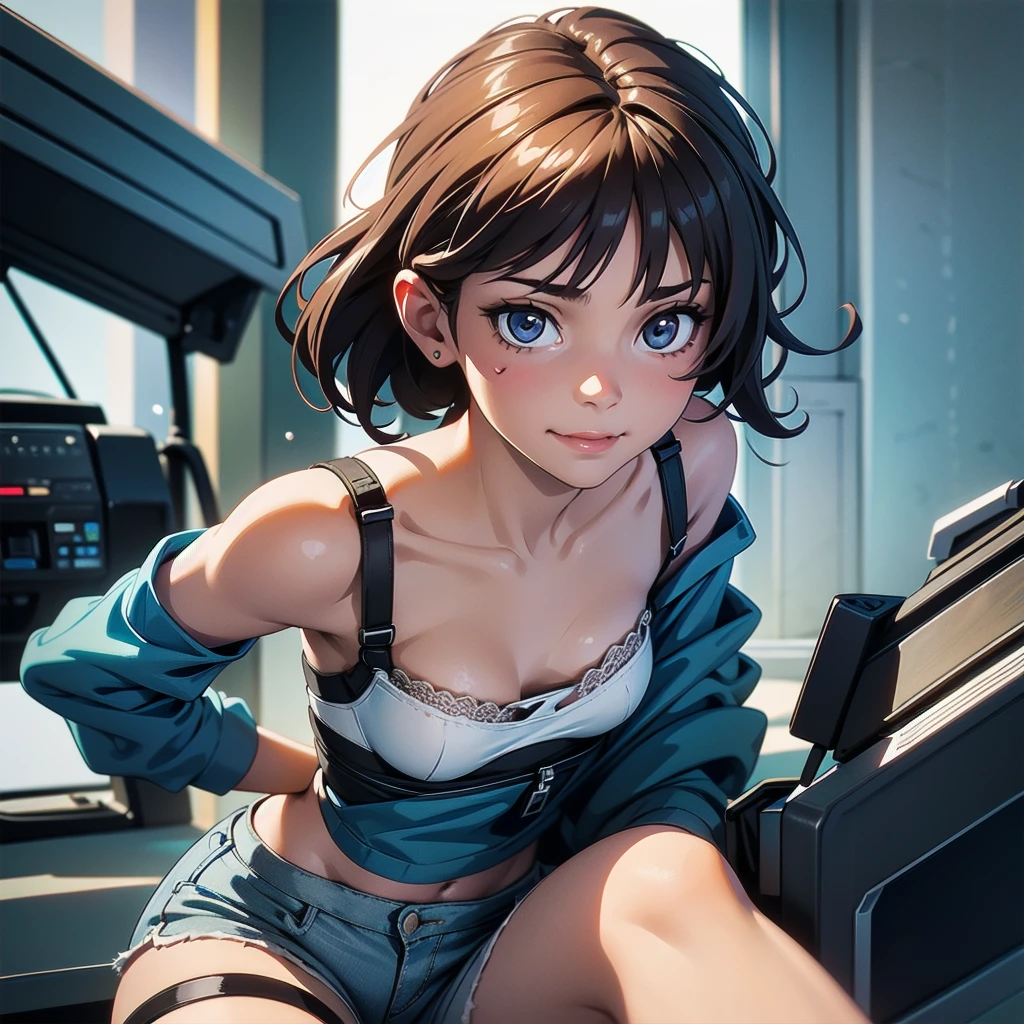 realistic, detailed, realistic details, intricate detail, break, one girl, cute, petite, , , wearing a cool, sci-fi short bra, shorts, she has a repair box to repair anything, determine look on her face, slight smile.