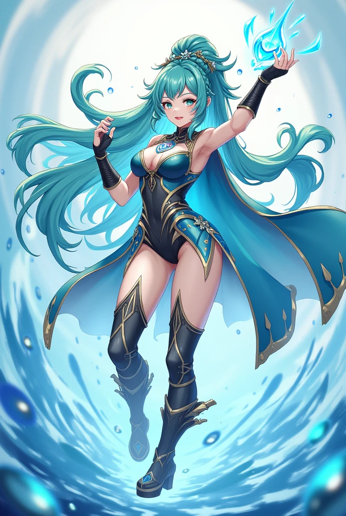 Water elemental, large breasts, long blue skirt slit from thigh, corset top, exposed midriff, ammonite earrings, dark blue hair and eyes, trident