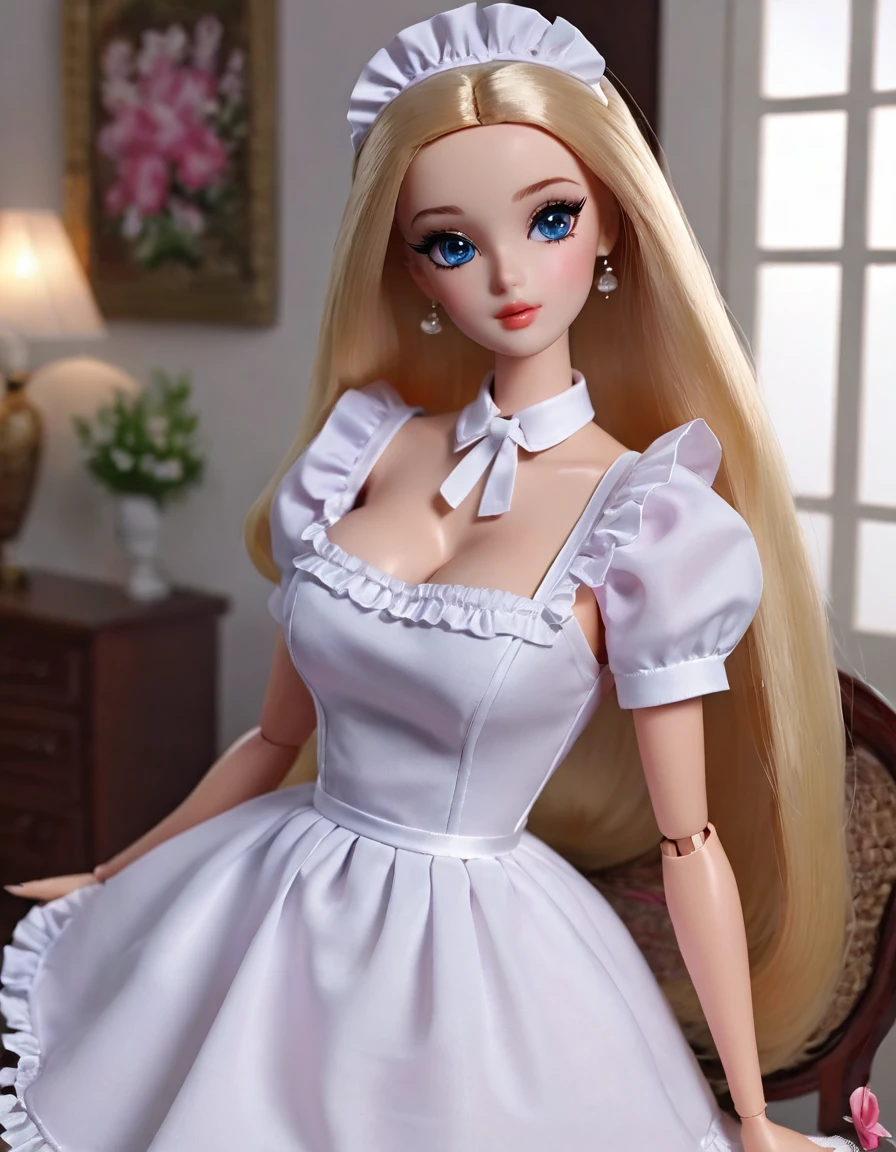 (masterpiece, Best quality: 1.2), 1 Barbie,doll，Colloid， Exquisite eyes, Wide hips, Colloid皮肤，(Wearing Maid dress)，Huge natural breasts，