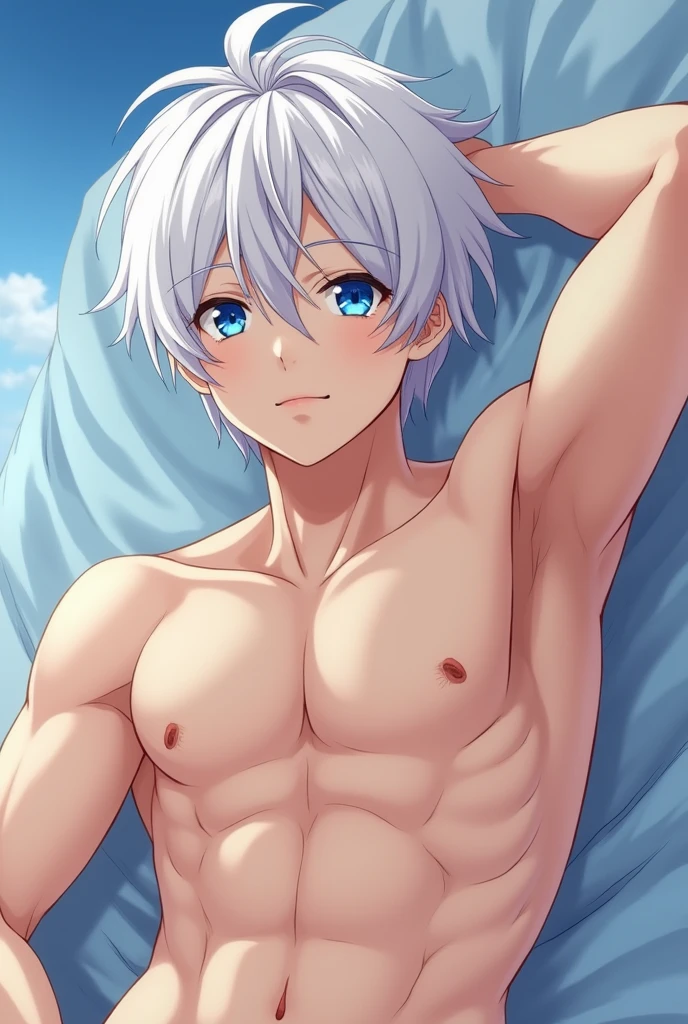 Highres, Masterpiece, Best quality at best,Best Quality,hight quality, hight detailed, 1boy, Kid, Shota, Silver hair, Solo person, Blue eye, Mole under the eye, Shirtless, Torso, Slim body, Depth field, Anime screencap style, boys' smooth armpits, (Showing armpit:1.3), (very young kid), (very small and short body), 10-Year-Old-Boy, Red lips, Earring, Choker, Navel piercing, Sweat, Simple beckground, Uhd, Bokeh