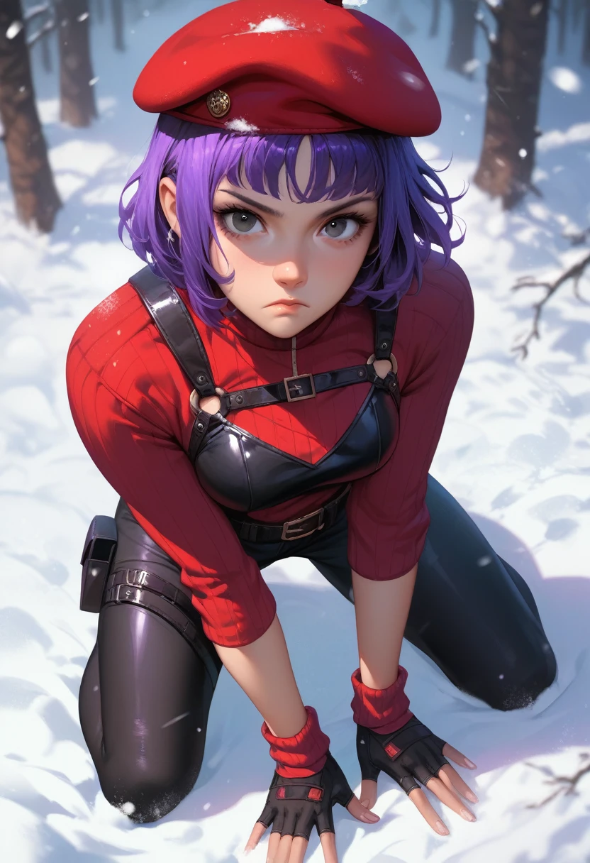 purple hair, ponytail, brown eyes, wearing a blue parka, black turtleneck, leggings, looking at viewer, blush, plainredballgag,ball gag, sitting, on bench, outside, park, field, trees, autumn, snow, blue sky, high quality, masterpiece, shibari, hishi karada, arms tied behind