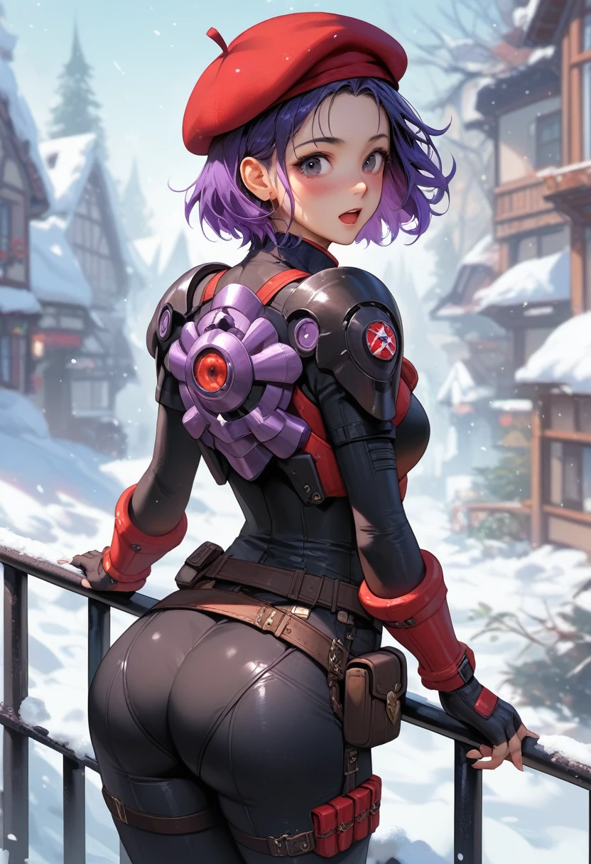 score_9, score_8_up, score_7_up, score_6_up, source_anime, 1girl, solo, vc4chiara, purple hair, short hair, dark-skinned female, black eyes, red beret, black bodysuit, armor, black gloves, fingerless gloves, belt, black pants, from behind, ass, looking at you, open mouth, blush, winter, railing
