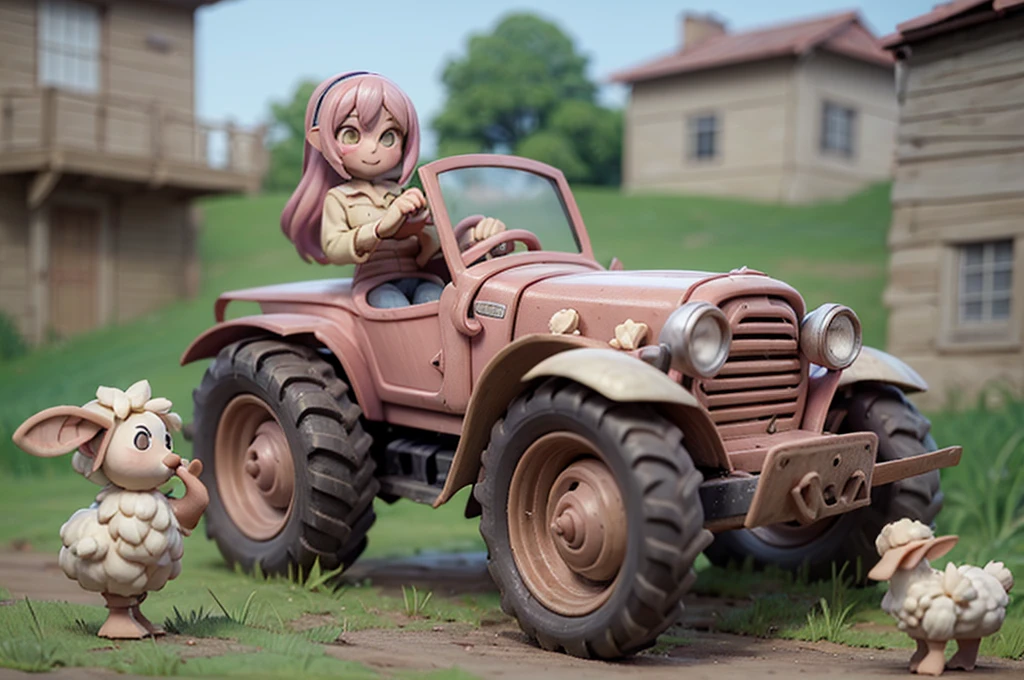 (Clay animation, Masterpiece:1.2, high details:1.2, A warm style, Shaun the Sheep Style, Sheepfold in the background, Tractor:1.3), Made of clay:1.3, (One woman, Pink fluffy hair, Long Hair, Thick eyebrows, smile, Overalls, Boots, 麦laughter帽子), A perfectly shaped sheep:1.5, Lots of sheep, laughter