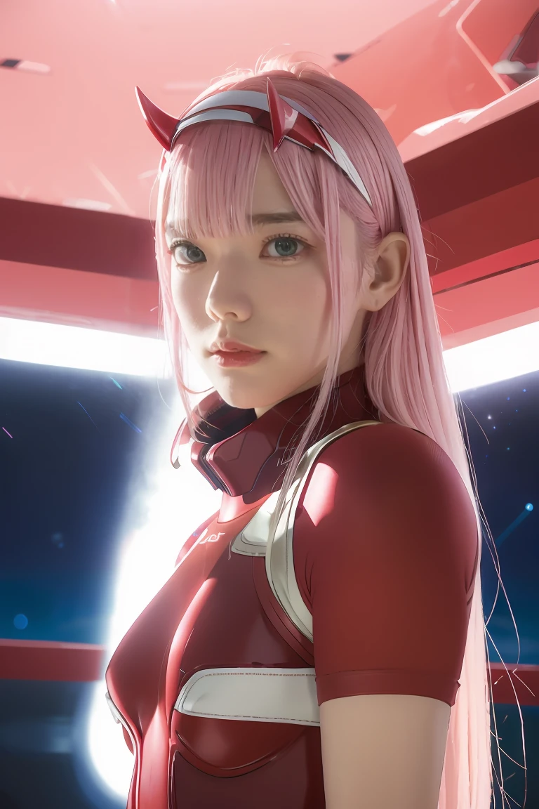 dynamic angle,ultra-detailed, illustration, straight on, 1girl, ((Zero two, interface headband with a pair of horns, red bodysuit:1.4, pink hair)), Her eyes shone like dreamy stars,(glowing eyes:1.233),(beautiful and detailed eyes:1.1),(expressionless, closed mouth),(standing), (mechanic room with tools and spaceship window in a white SPACESHIP), (night:1.2), dreamy, dynamic pose,