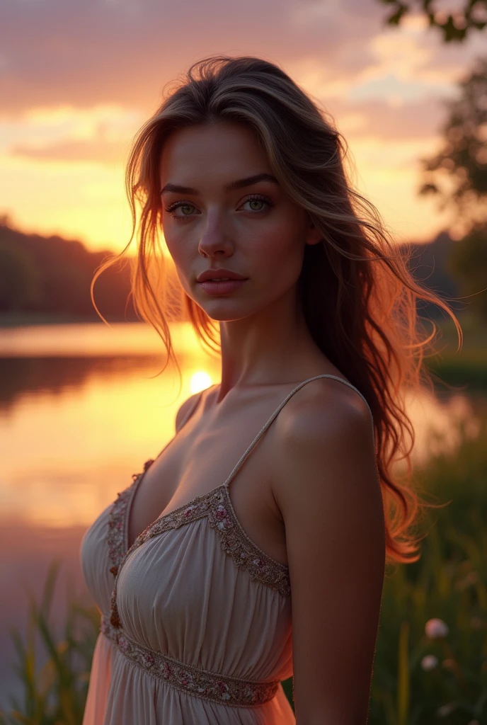 A serene, photorealistic shot of a beautiful woman with light brown hair and green eyes, standing beside a lake as the sun sets, casting a purple sky. She wears a sundress, with her ample  and slim waist perfectly depicted. The tranquil nature scene is illuminated by dramatic lighting, with flawless hands and intricate details.

Subtle facial skin pores and texture, Realistic hair strands with movement in the wind, Detailed reflections of the purple sky on the lake’s surface, Realistic highlights on the woman’s hair from the sunset, Detailed grass textures along the lakeside, Sun rays breaking through clouds, illuminating the scene, Detailed leaf textures on nearby trees, Subtle movement in the sundress hem due to wind, Ripples in the lake water reflecting the sky, Slight translucency of the sundress fabric under the light, Intricate embroidery on the sundress neckline