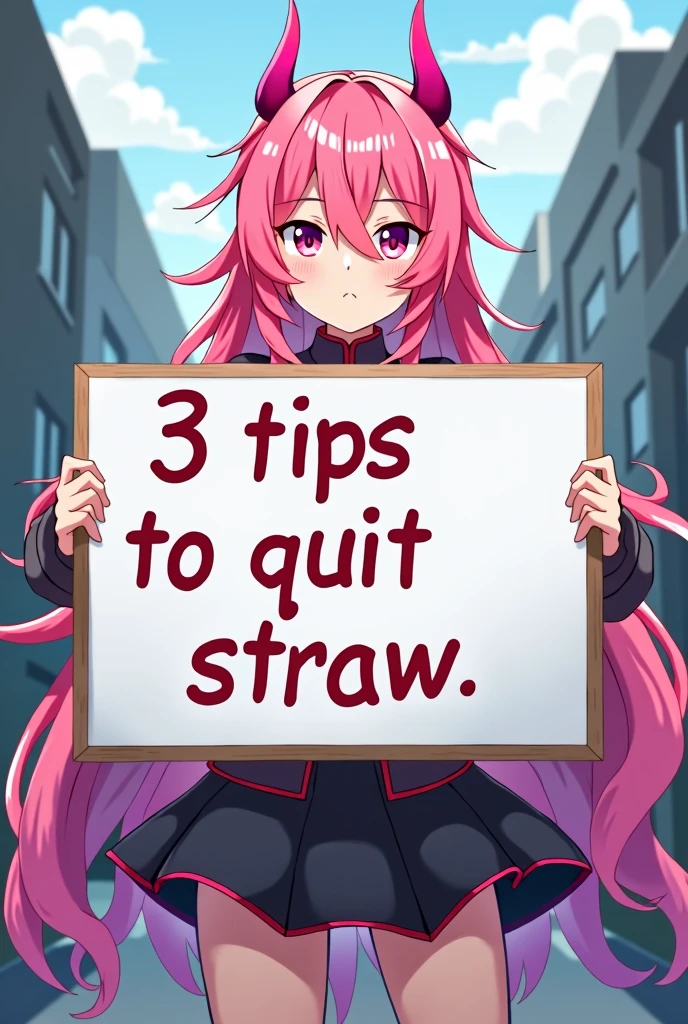 Zero Two holding a whiteboard with the text "3 Tips to quit straw" and showing it to the viewer