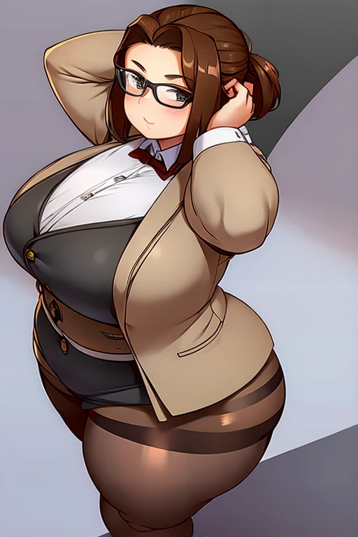 1girl, solo, brown hair, secretary, office girl, stockings, fat, big thighs, big butt, big breasts, fat thighs