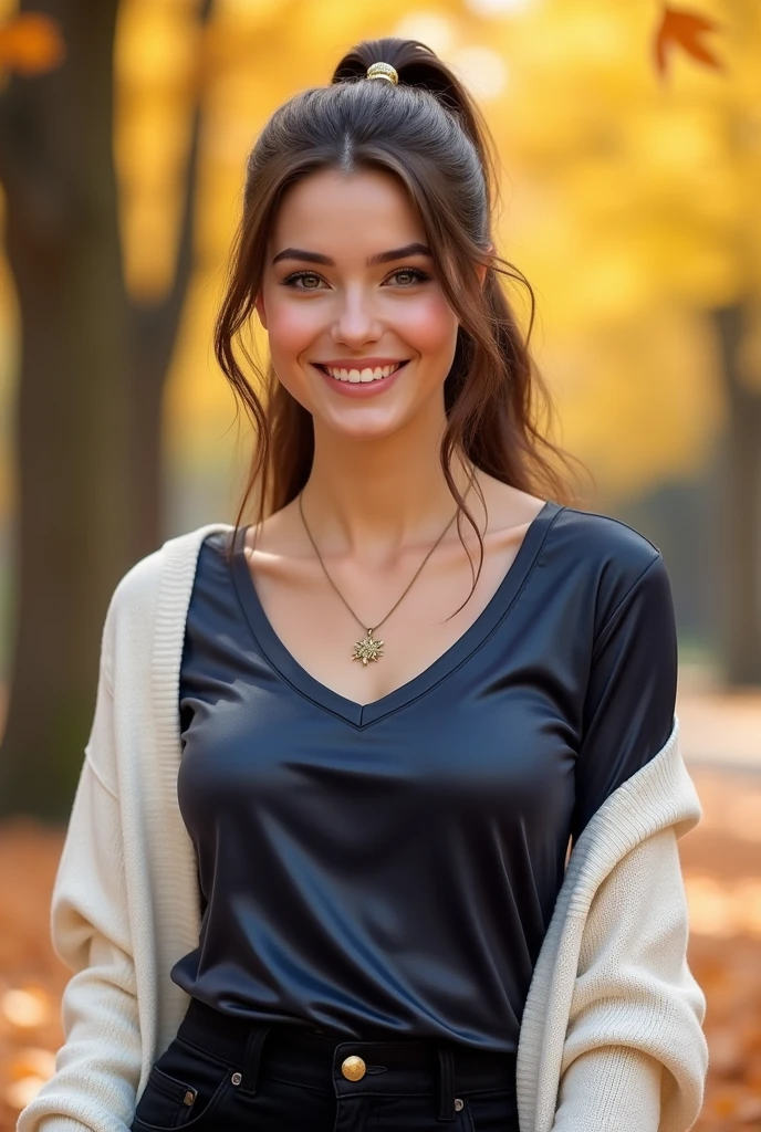 Half-length glamour portrait, nikon D850, f1.6 lens, 200mm, DSLR, 22 Megapixels, (((Tree-lined driveway leading to a private residence scene))), shot of a stunning 20 years old portuguese girl, (smile:1.4), (wearing Tweed blazer with skirt and black silk shirt:1.6), ((seductive pose)), hot girl, (((big natural breasts))), (((brown ponytail hair))), (small girl), symmetrical face, photorealistic, photography, (bright natural lighting), gorgeous, deep cleavage, (masterpiece), best quality, high resolution, extremely detailed, cinematic lighting, (((very narrow waist))), rich colors, hyper realistic, lifelike texture, ((jewelry)), (((She has beautiful hands and wears rings))), (bracelet), (necklace), (ankle chain), (nail polish) (earrings), Fuji Superia 200, 8k
