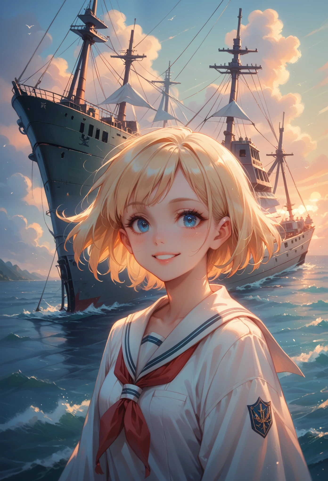 {{masterpiece, best quality, extremely detailed CG, unity 8k wallpaper, cinematic lighting, }}, Sony α7, wide frame, South Pacific, during war with Asian powers, wind blowing on Aegis ship, 1 Girl, Full Body, smile, she is a US Navy sailor, Caucasian, 20 Years Old, Smile, Blonde Hair, Short Bob, blue eyes , long eyelashes ,