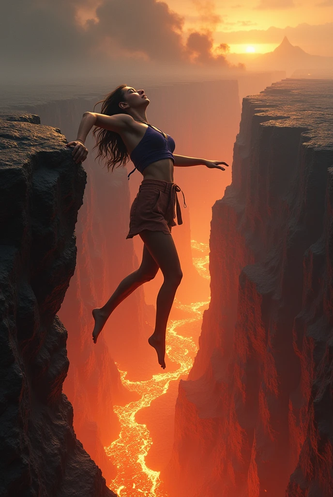 An ancient naked extraordinarily long red-haired woman from a distant planet balanced gracefully on a cliff's edge. She found serenity in the universal language of yoga, bridging the cosmos with every breath. Het hair blowing in the violent wind.