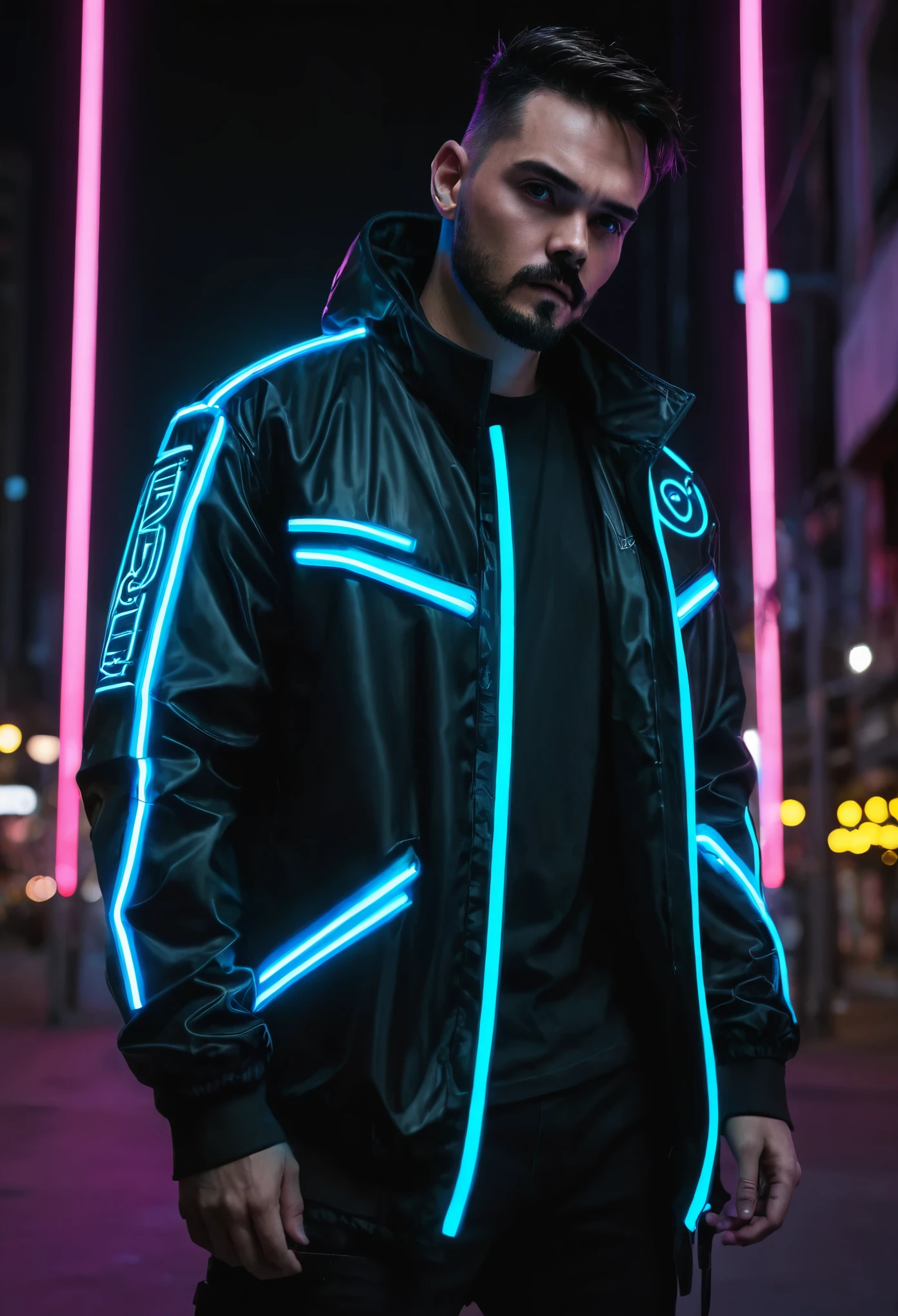 (masterpiece, best quality:1.2), 1man, solo, Foto RAW, melhor qualidade, ultra high-resolution, fotorrealista. homem bonito, neon surround dark cyberpunk at night coordinator neon glow. wtruffa vestido com jaqueta preto.