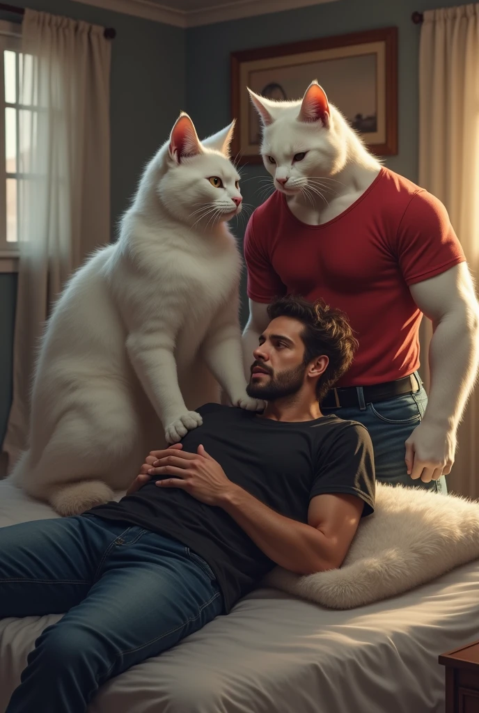 In a stylishly decorated living room, Max a white handsome muscular male cat wearing shorts only upper body bare and Rex a white stylish female cat  wearing nighty are cuddling on a plush couch, talking and laughing. In the background, Boxy, a muscular grey cat in a dark suit, stands slightly in the shadows, his eyes filled with jealousy as he watches them. The atmosphere is tense as Boxy hides his true feelings.