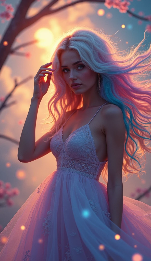 Extreme realism in a complex, highly detailed composition featuring a beautiful voluptuous woman with flowing rainbow-colored hair. The glowing background, with its vibrant colors, exaggerated details, intricate textures, and dynamic lighting, creates a whimsical, dreamy atmosphere in photorealistic quality.

Small, glowing particles floating in the air, adding a magical and ethereal quality to the scene.Clouds with an iridescent sheen, reflecting multiple colors and adding a whimsical touch to the sky.Tree branches that emit a soft light, adding a mystical and natural element to the background.


One hand is gently playing with her hair, her eyes looking softly into the distance.


