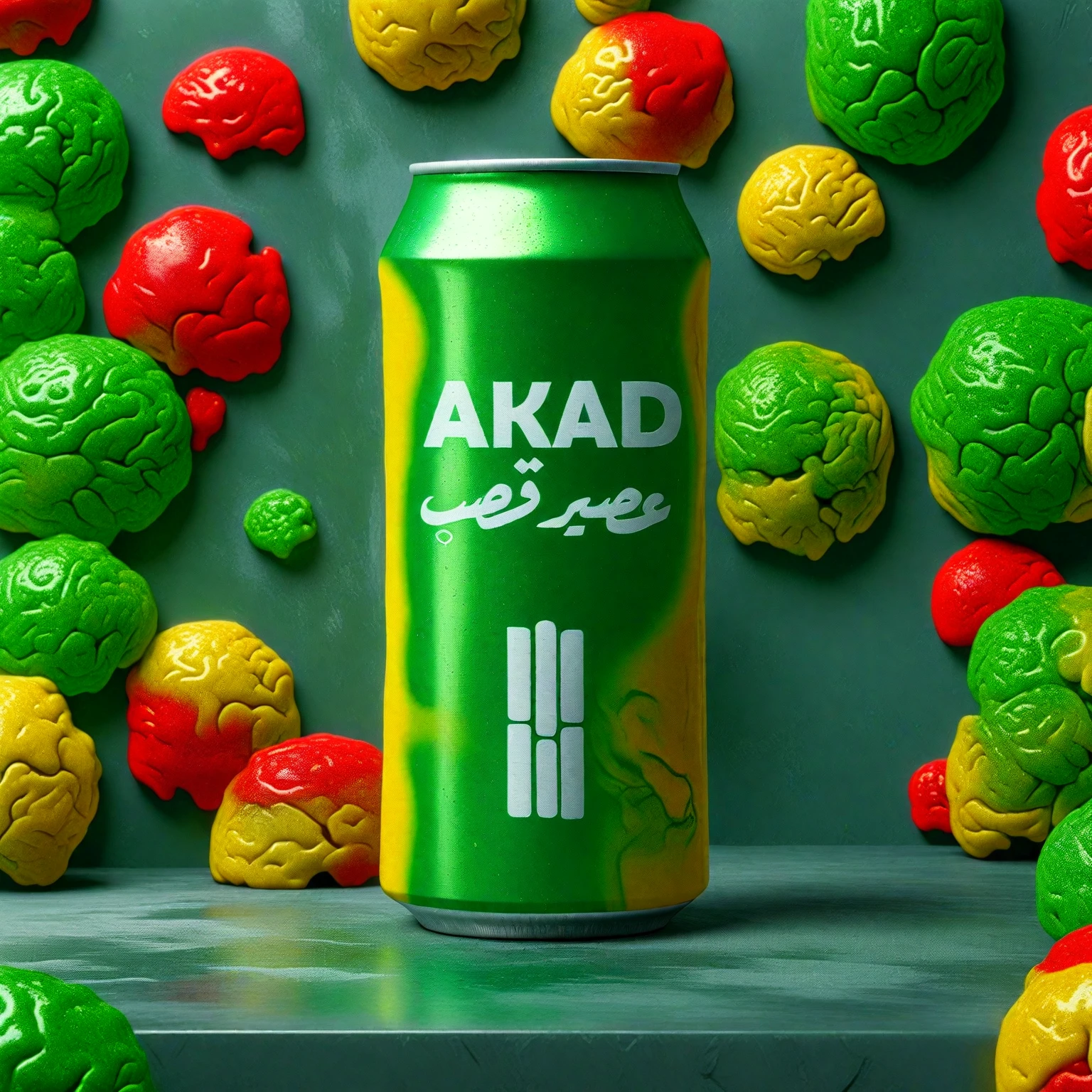 a shades of green, yellow and red soda can with a white logo, many frozen human brains in the background, shiny metallic texture on the can, crisp and fresh look, 8k, photorealistic, hyperdetailed, 3d render, dynamic lighting, glossy, industrial, futuristic, dystopian, cinematic angle, dramatic shadows