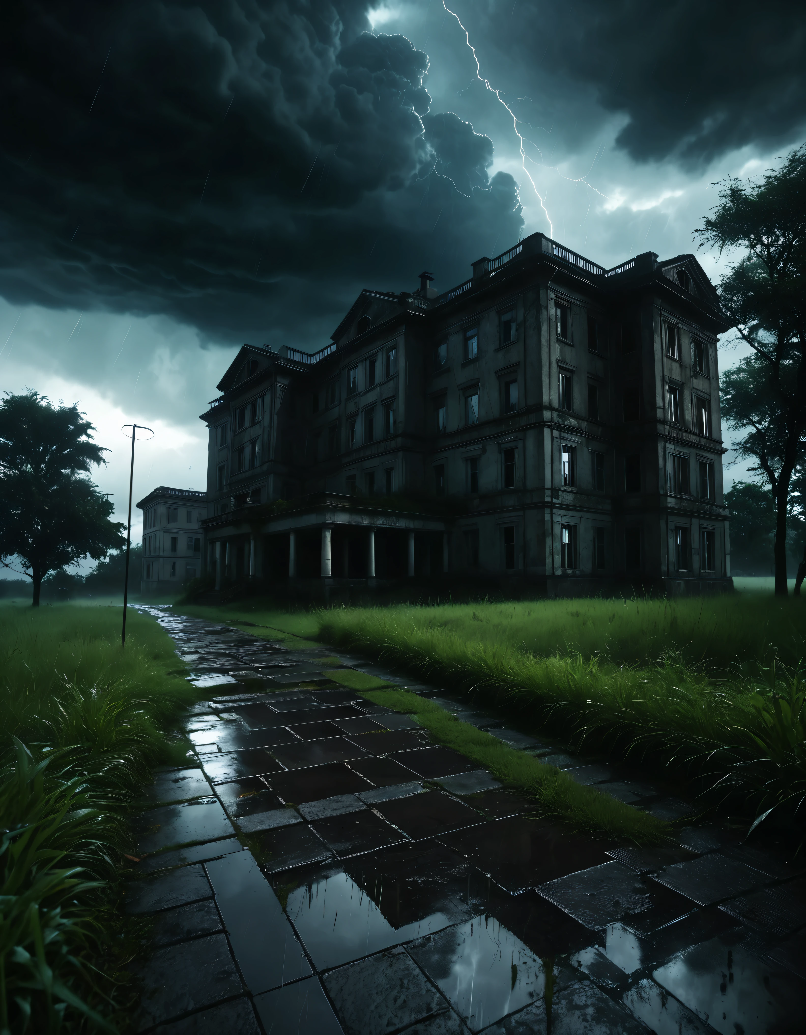 horror scenery, forgotten hospital, broken stone road, a lot of grass, forgotten building, horrifing view, dark thunder clouds, downpour, horror movie aestetics, cinematic ligting, ray tracing, wide shot, from below, atmospheric perspective, perspective, best quality, 16k, award winning, super detail, masterpiece, UHD