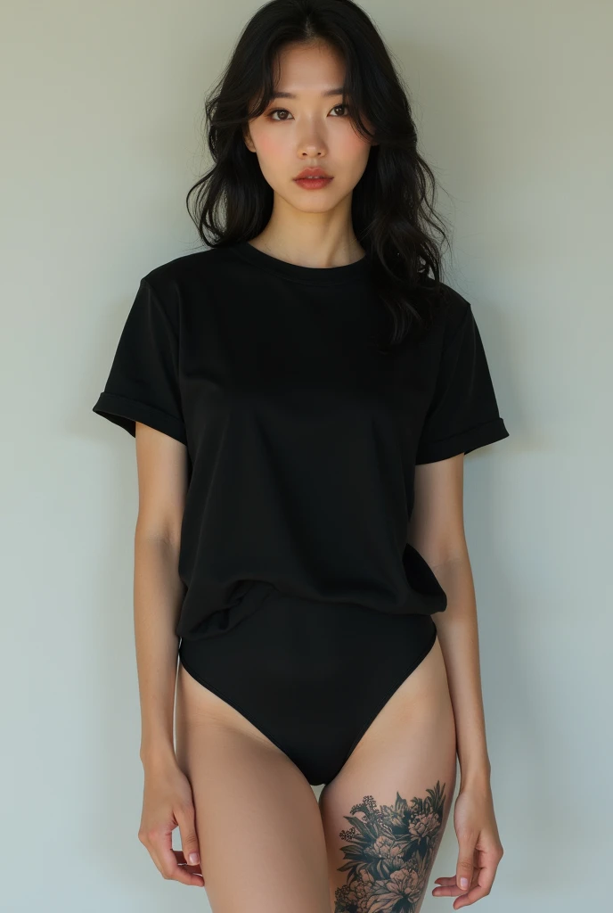 ((Perfect Anatomy:1.3)、(Complete Hand:1.3)、(face it head on)、Realistic、RAW Photos、Tabletop、highest quality、High resolution、Delicate and beautiful、Perfect Face、Beautiful details、Fair skin、Real human skin、pores、((Thin legs))、(Black Hair):1.2), 8k, 12 year old girl standing half-length, 85mm,公式AR RAW Photos, Super slim slender beautiful girl、He turned over his plain white short-sleeved T-shirt.、Show off your beautiful breasts、Lower body nude、stand with feet apart、Show me your ears、